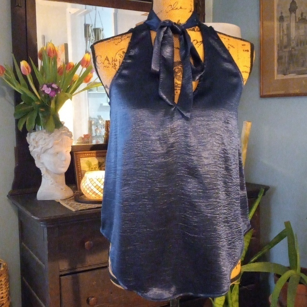 Anthropologie Maeve Navy Satin Tie Neck Sleeveless Swing Blouse Top 2P - Picture 2 of 16